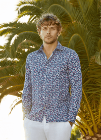 Amalfi Printed Linen Shirt - background::white,variant::Navy Flora